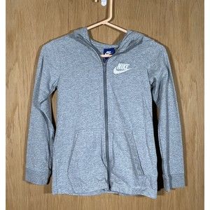 Nike Youth Size Med Gray Zip-Up Hoodie Lightweight White Swoosh Logo Pockets